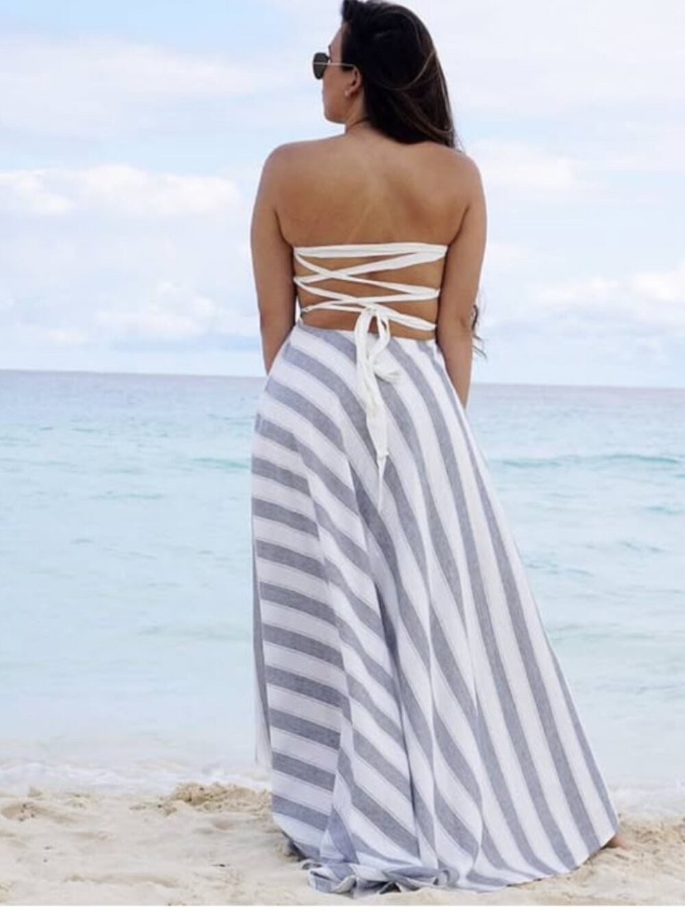 NEW Cosygal Striped High-Low Maxi Dress, Bandage Dress, Backless, Blue/White MED - Picture 13 of 13